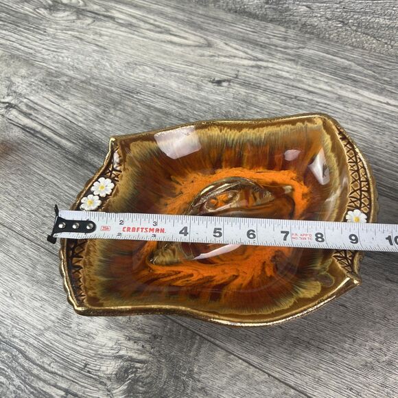 Vintage Mid Century Orange Lava Glazed Daisy Ceramic Chips and Dip Serving Bowl - Picture 8 of 8